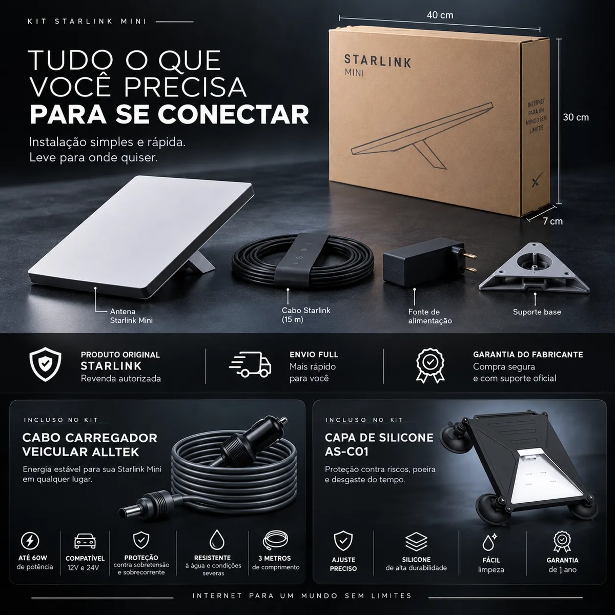 Kit Starlink Mini + Case de Silicone + Cabo Veicular